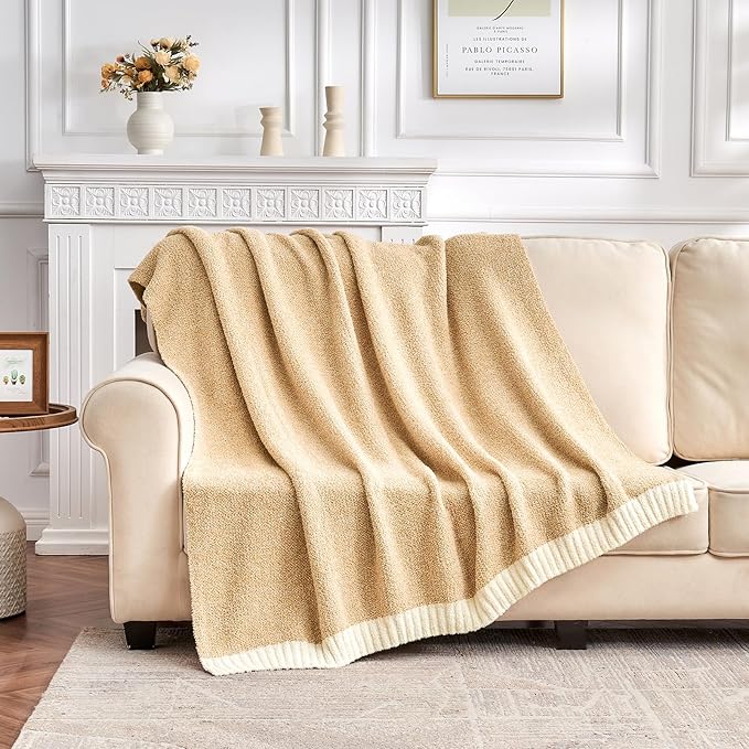 CozeCube Super Soft Fullfy Microfiber Reversible Knitted Blankets, Warm Cozy Fuzzy Plush Throw, Beige and White Melange Throw Blanket for Couch Bed Sofa, 60" x 80"