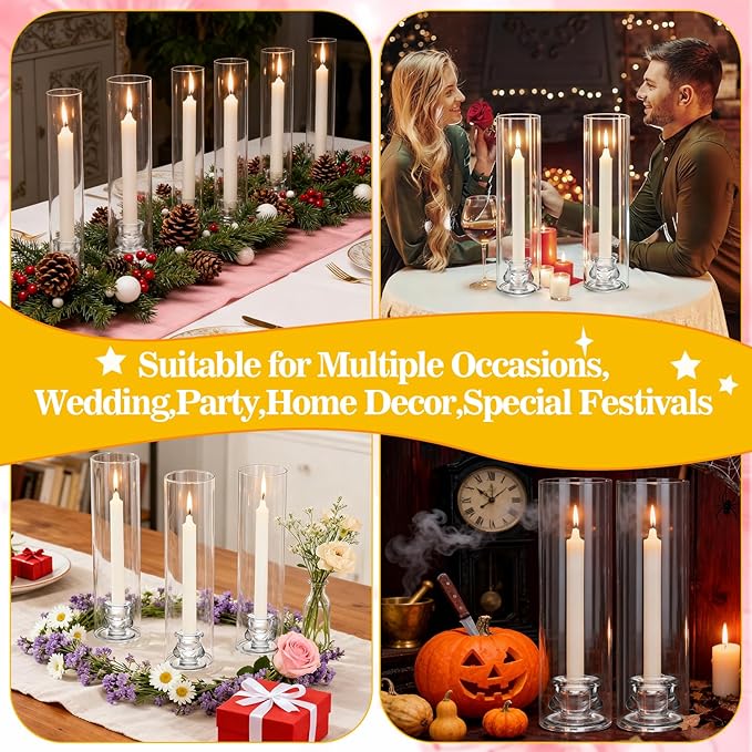 12 Set Hurricane Glass Candlestick Holders 12.6" Two Side Open Glass Candle Holders and 2.2" Taper Candlesticks Holder Bulk for Table Centerpiece Wedding Christmas Home Decor