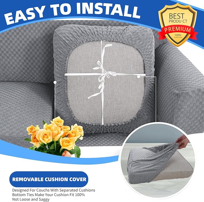 YEMYHOM Stretch Individual Cushion Covers Sofa Chair Seat Cushion Slipcovers Soft Couch Cover Replacement Large Checkered Furniture Protector with Elastic Bottom (1 Pc Cushion Cover, Light Gray)