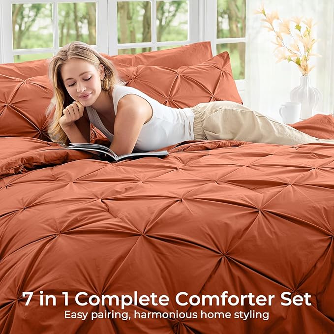 Sasttie Queen Comforter Set, 7-Piece Bed in a Bag, Pintuck Bedding Sets for All Season, Includes Comforter, Flat Sheet, Fitted Sheet, Pillowcases and Pillowshams, Burnt Orange