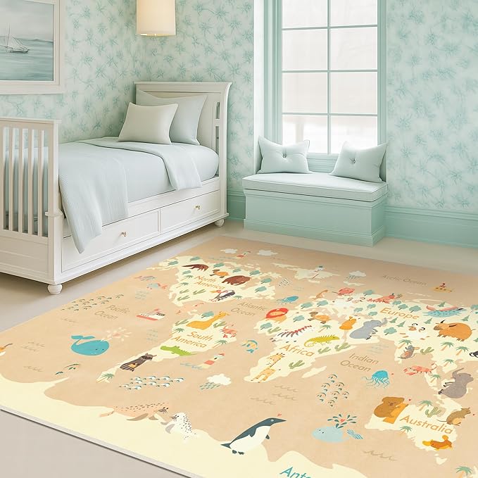 Washable Kids Rug for Playroom – 5x7 Toddlers Room Play Rug, Educational World Map Play Mat with Cute Animals – Non-Slip, Stain Resistant, Soft & Safe for Baby, Nursery, Kids Room, Bedroom - Beige