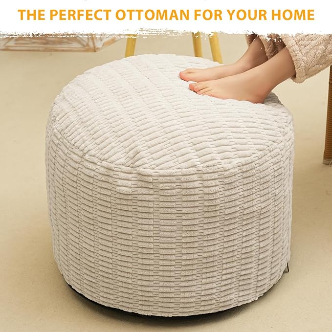 Round Stuffed Pouf Ottoman for Foot Rest, Storage Ottoman Pouf Foot Stool Cushion, Faux Fur Poufs with Foam Chunk Filling, 20 X 15 Inch Floor Chair for Living Room Bedroom Home Decor, Beige
