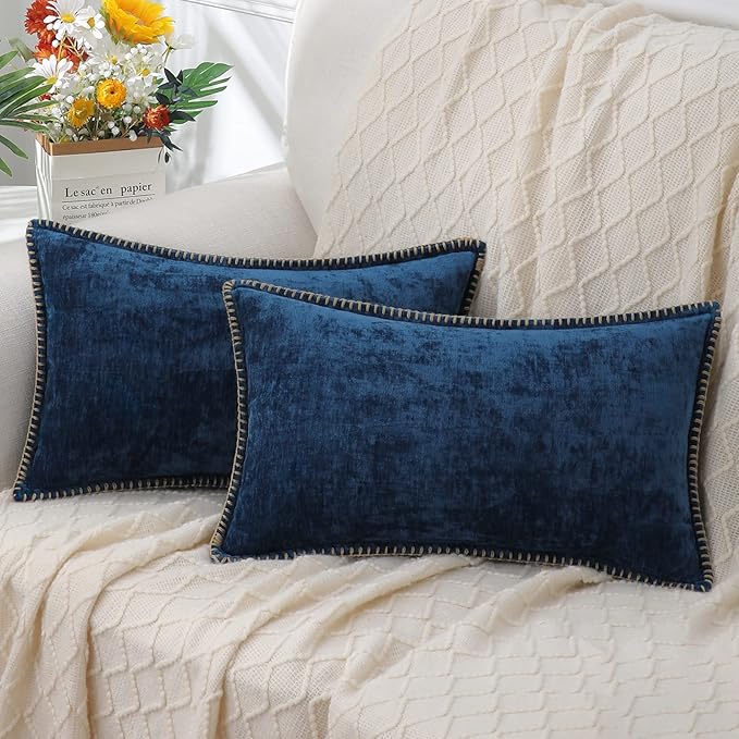 decorUhome Spring Chenille Soft Cozy Throw Pillow Covers 12x20 Set of 2, Modern Farmhouse Boho Velvet Decorative Pillow Cases with Stitched Edge for Couch Sofa Bed Home Decor, Poseidon