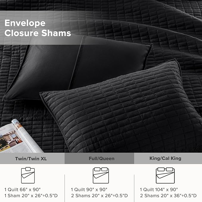 Comfort Spaces Kienna Quilt Set- Double Sided Stitching Design Summer Blanket, Lightweight, Soft, All Season Bedding Layer, Matching Sham, Black, Coverlet Full/Queen(90"x90") 3 Piece