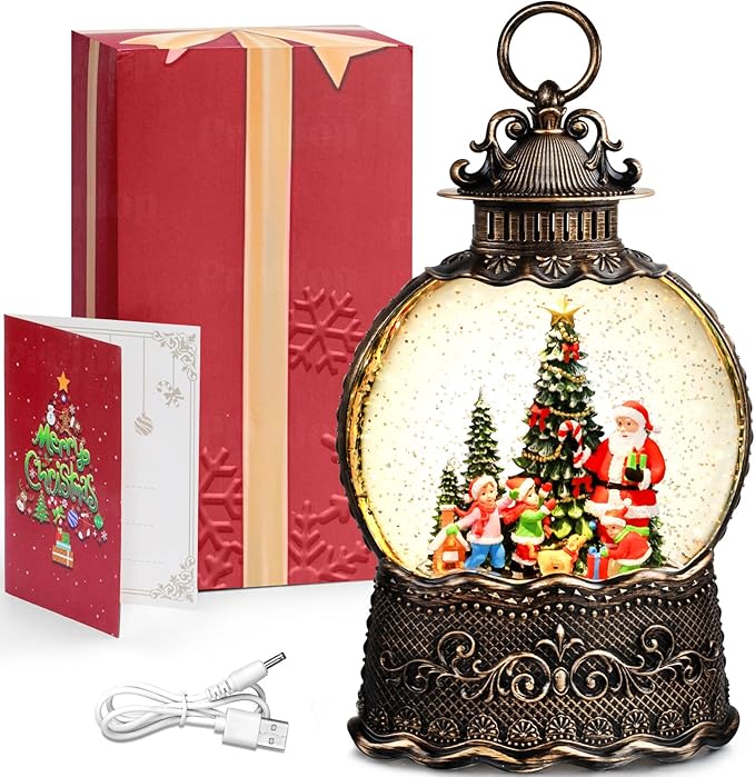 Santa Snow Globe Christmas Decorations Indoor Santa Claus Gifts Classic Relief Texture Musical Glitter Snowfall USB/Battery Timer Lantern 10.6 inch