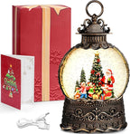 Santa Snow Globe Christmas Decorations Indoor Santa Claus Gifts Classic Relief Texture Musical Glitter Snowfall USB/Battery Timer Lantern 10.6 inch