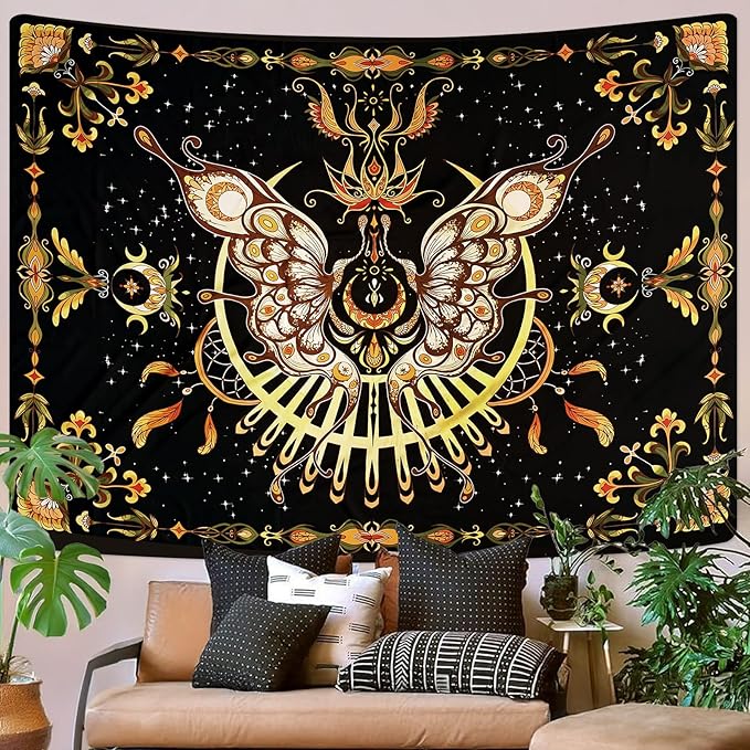 CHDGDHC Butterfly Moth Tapestry,Hippie Floral Aesthetic Wall Tapestries, Psychedelic Aesthetic Decor, Large Tapestry for Bedrooms, Living Rooms, and Dorms-79.92x59.84 Inch