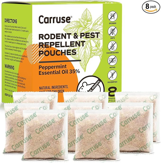 Peppermint Oil Mouse Repellent Pouches - 35% Mint & 5% Cinnamon - Natural Effective Rodent Deterrent for House, RV, Car Engines, Garage & Attic - Long Lasting, Pet & Kids Safe (8 Pack)