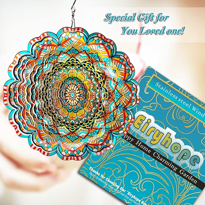 Mandala Wind Spinner - Lucky Star Design | 12-Inch Laser Cut Stainless Steel, Kinetic Hanging Wind Sculpture for Garden, Porch, Patio, Home | Outdoor 3D Metal Windcatcher & Yard Art