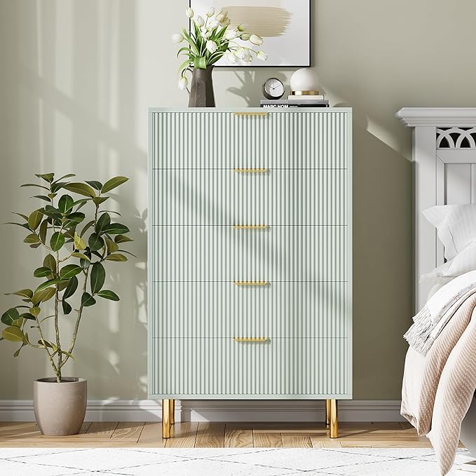 GarveeHome Green Dresser, Modern 5 Drawer Dresser for Bedroom with Gold Handle and Large Drawer, Wood Double Chest of Drawers and Storage Organizer for Living Room, Hallway, Entryway