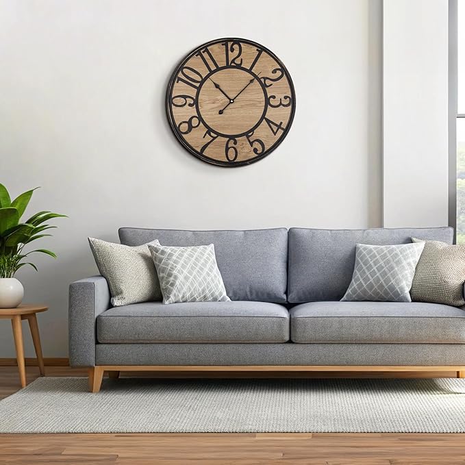 Maxstar Large Wall Clock Silent Bronze Rustic Farmhouse Metal & Wood with Arabic Numeral, Battery Operated Wall Clocks Decorative for Living Room Bedroom Office Home Decor 20inch