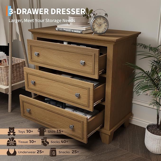 GarveeHome Brown 3 Drawer Dresser for Bedroom, Wide Chest of Drawers with Vintage Handle, Modern Wood Dresser Wide Nightstand Cabinet for Living Room