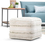SIMPLIHOME Sommer Square Pouf - 18 inch Wide Upholstered Handloom Woven Cotton Ottoman in Natural, Boho-Style Footstool, Extra Seating or Accent Piece for Living Room or Bedroom, Assembled