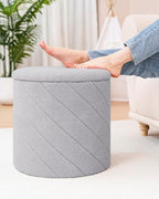 Round Boucle Storage Ottoman with Reversible Wood Tray, 17.7" Sherpa Cylinder Footrest Stool with Storage, Upholstered Folding Ottoman Coffee Table for Living Room Bedroom Dorm, Grey