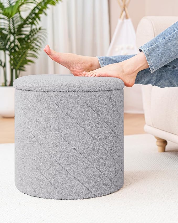 Round Boucle Storage Ottoman with Reversible Wood Tray, 17.7" Sherpa Cylinder Footrest Stool with Storage, Upholstered Folding Ottoman Coffee Table for Living Room Bedroom Dorm, Grey