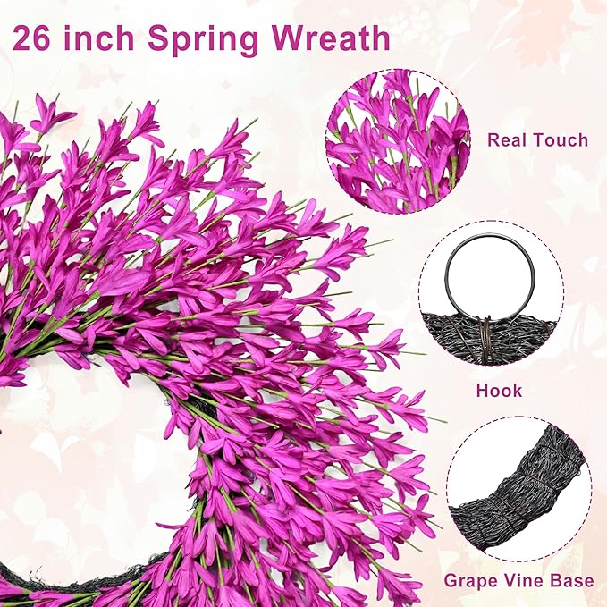 26 Inch Spring Wreaths for Front Door Large Spring Door Wreath Easter Valentines Wild Floral Summer Wreaths Outside All Season for Farmhouse Porch Wall Wedding Living Room Home Decor(Rose Red)