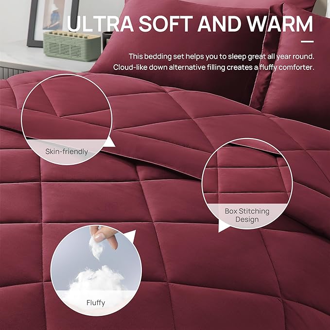 Love's cabin California King Comforter Set Burgundy, 7 Pieces California King Bed in a Bag, All Season Bedding Sets with 1 Comforter, 1 Flat Sheet, 1 Fitted Sheet, 2 Pillowcase and 2 Pillow Sham