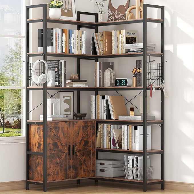 Semoic 6-tire Farmhouse Corner Book Shelf with 2 Barn Doors and 10 Storage Shelves, 71.3" Tall Convertible Etagere Bookcase with Storage Cabinet, Large L Shaped Bookshelf for Living Room(Rustic Brown)