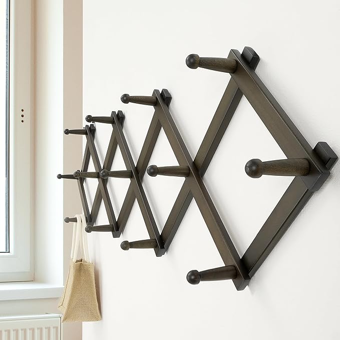 Dseap Accordion Wall Hanger:16'' High Wooden Wall Expandable Coat Rack,Hat Rack Holder,Accordion Hook for Baseball Caps,Coats,13 Peg Hooks,Dark Walnut