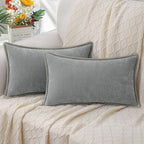 decorUhome Spring Chenille Soft Cozy Throw Pillow Covers 12x20 Set of 2, Modern Farmhouse Boho Velvet Decorative Pillow Cases with Stitched Edge for Couch Sofa Bed Home Decor, Neutral Gray