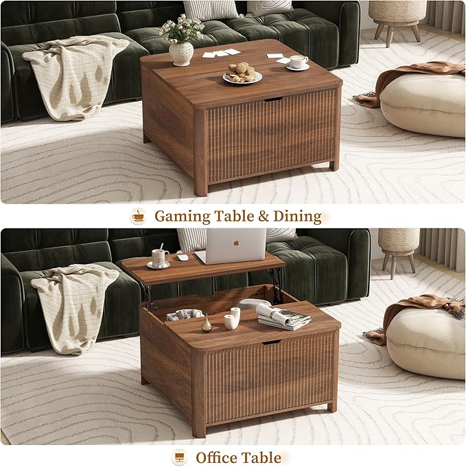 LYNCOHOME 31.5" Fluted Lift Top Coffee Table with Storage, Square Coffee Tables for Living Room, Coffee Table with Large Hidden Storage Compartment and Adjustable Shelves，Walnut