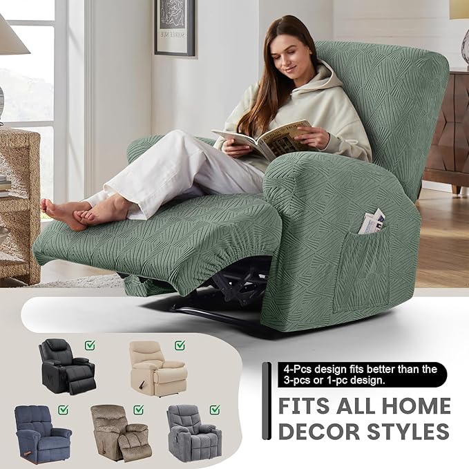VANSOFY Oversized Recliner Chair Covers, 4-Pieces Stretch Recliner Cover Jacquard Soft Reclining Chair Slipcover Furniture Protector with Elastic Bottom for Lazy Boy Recliner(Bean Green)