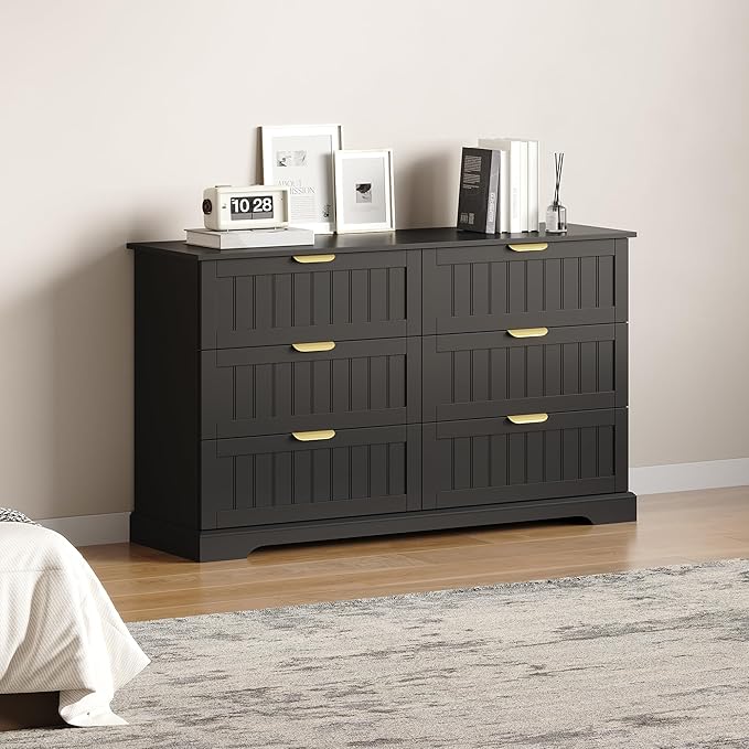 6 Wooden Drawer Dresser for Bedroom Storage, Modern Farmhouse Wood Chest of Drawers with Metal Handles, Wide Storage Cabinet for Closet, Living Room, or Entryway Black