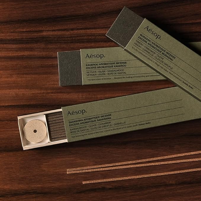Aesop Murasaki Aromatique Incense | Fresh, Woody Resins of Hinoki and Warm Spice | with Kanuma Pumice Holder | 33 Sticks