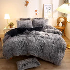 XeGe Plush Shaggy Duvet Cover Set, Luxury Ultra Soft Crystal Velvet Fluffy Bedding Sets 3 Pieces(1 Furry Faux Fur Comforter Cover + 2 Fuzzy Faux Fur Pillow Cases), Zipper Closure(Queen, Black Ombre)