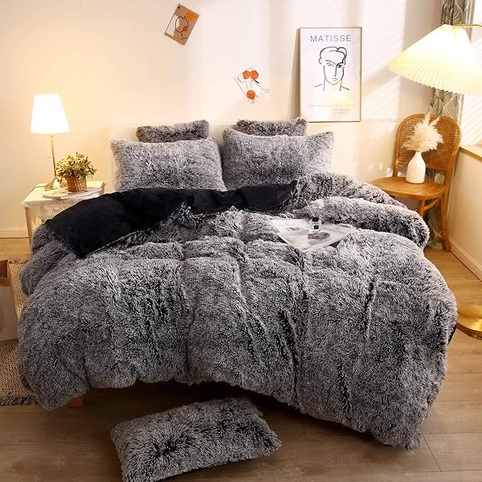 XeGe Plush Shaggy Duvet Cover Set, Luxury Ultra Soft Crystal Velvet Fluffy Bedding Sets 3 Pieces(1 Furry Faux Fur Comforter Cover + 2 Fuzzy Faux Fur Pillow Cases), Zipper Closure(Queen, Black Ombre)