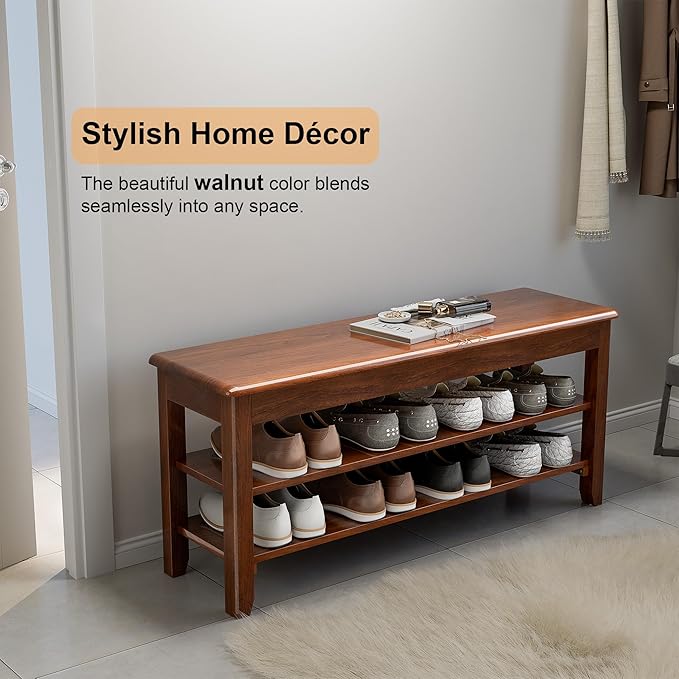 Shoe Storage Bench for Entryway - 3 Tier Shoe Rack for Front Door Entrance, Rubberwood Shoes Rack Height Adjustable, Entryway Bench with Shoes Storage for Any Room (Walnut, 39.4" W)