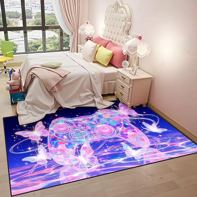 Dreamy Butterfly Rugs for Girls Bedroom Decor 3x5 ft Gamer Area Rug Non-Slip Gaming Floor Mat Purple-Pink Kids Rug Gaming Carpet for Girls Room,Dorms,Playroom & Apartment