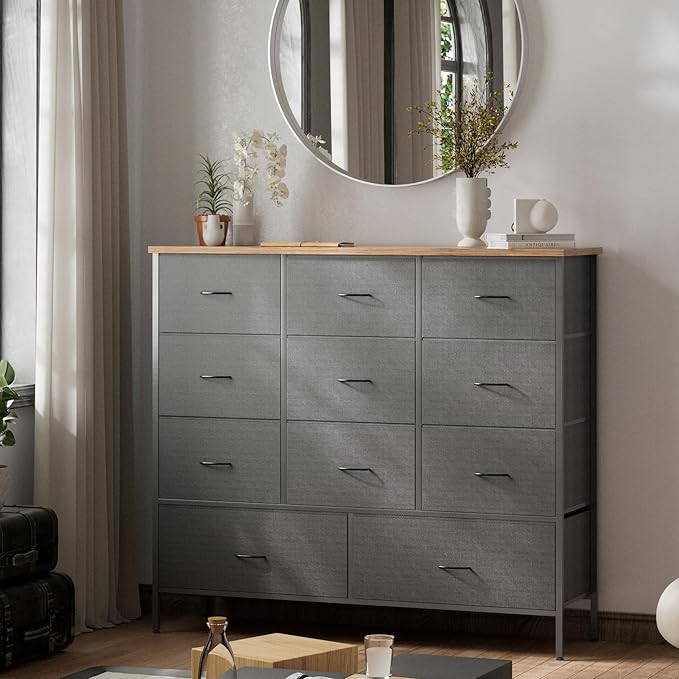 43.3" Wide Fabric Dresser for Bedroom, Chest of Drawers with 11 Deep Drawers, Multi-Drawers TV Stand TV Console, Storage Organizer for Closet, Nursery (Black)