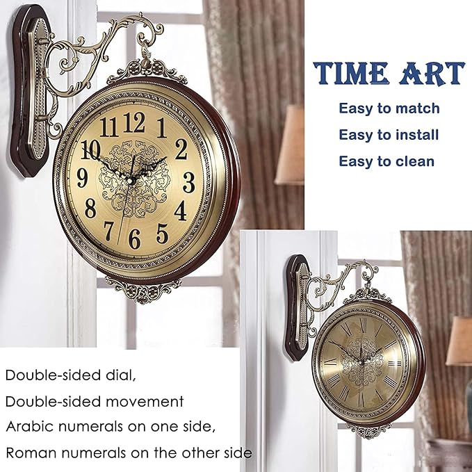Large Wall Clock Double Sided, European Style Double Sided Alloy Wall Clock 360° Rotating Metal Wall Watch Non Ticking Silent Clock for Indoor Outdoor Office Living Room Porch Clock Wall Decor