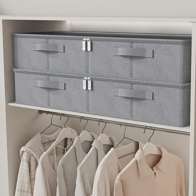 Underbed Storage Bin, Foldable Under Bed Flat Baskets Organizer, Container boxes with Lid for Organizing Clothes, Sheets, Blankets, Comforter, 31.4x15.7x5.9in, Grey, 2 Pack