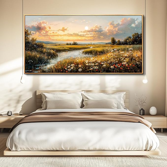 FUHAIHUA Wood Framed Canvas Wall Art For Living Room Large Wall Decor For Office Bedroom Decorations Sunset Landscape Pictures Farmhouse Painting Artwork Room Wall Mural Aesthetic Home Decor 30x60 In