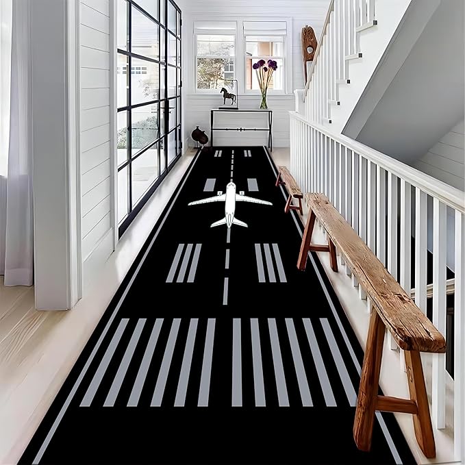 Airport Long Hallway Rug Runners, 1.3x7ft, Airplane Runway Track Indoor Area Mat, Anti-Skid Durable Nursery Decor Carpets, Cozy Low Pile Easy Clean Printed Rugs for Family Kids Bedside