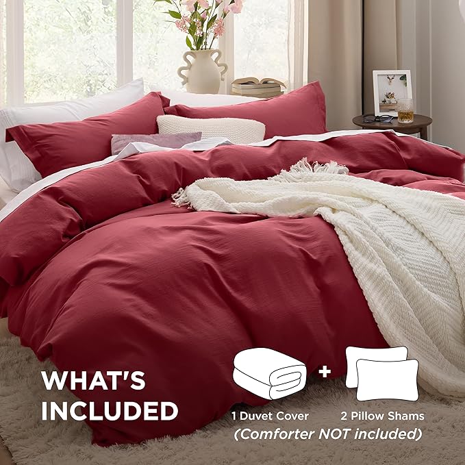 Bedsure Red Duvet Cover Full Size - 3 Pieces Prewashed Extra Soft Cotton-Like Polyester Bedding Set, Includes 1 Duvet Cover 80x90 Inches with Zipper Closure & 2 Pillow Shams, Comforter Not Included