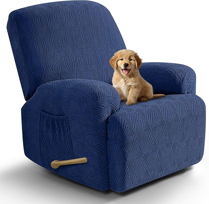 VANSOFY Recliner Chair Covers, 4-Pieces Stretch Recliner Cover Jacquard Soft Reclining Chair Slipcover Furniture Protector with Elastic Bottom for Lazy Boy Recliner(Dark Blue)