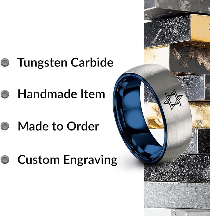 Mezuzah star Of David Ring - Gift for Jewish Family - Flat Dome Bevel - 8mm - Men Women - Yellow Gold Black Silver Blue - Anniversary Wedding - Personalized Custom Engraving - Band - Brushed Polished