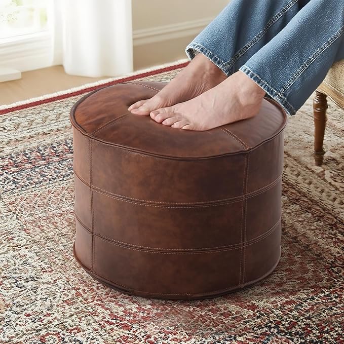 Genuine Leather Round Pouf Ottoman Footstool for Living Room, Bedroom, Indoor (Brown)