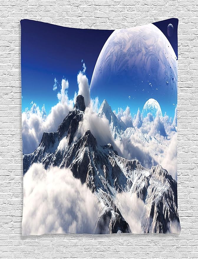 Ambesonne Fantasy Tapestry, Celestial View of Snow Capped Mountains and Alien Planet Print, Wall Hanging for Bedroom Living Room Dorm Decor, 40" X 60", White and Navy Blue