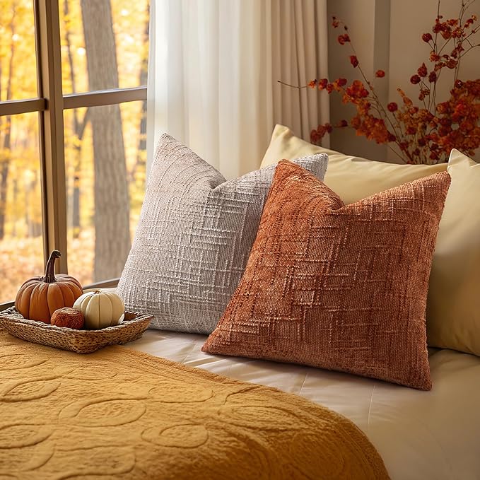 decorUhome Spring Rust Chenille Throw Pillow Covers 16x16 Set of 2 Textured Soft Cozy Slubby Couch Pillow Covers Modern Farmhouse Boho Decorative Pillow Cases for Bed Sofa Living Room