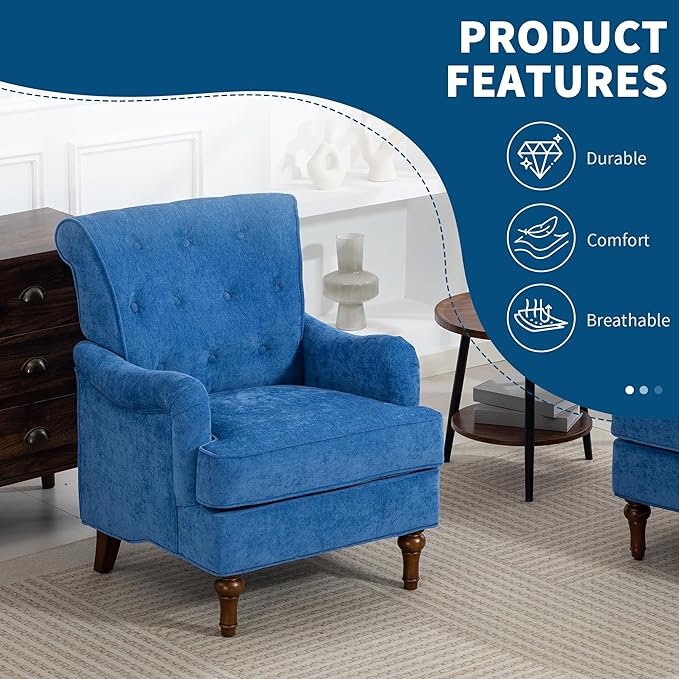 KEIKI Upholstered Accent Chair for Living Room and Bedroom,Heavy-Duty Fabric Armchair with Reinforced Wood Frame, Supportive Seat Cushion, Stable Retro Legs, Lounge Chair for Reading, Work