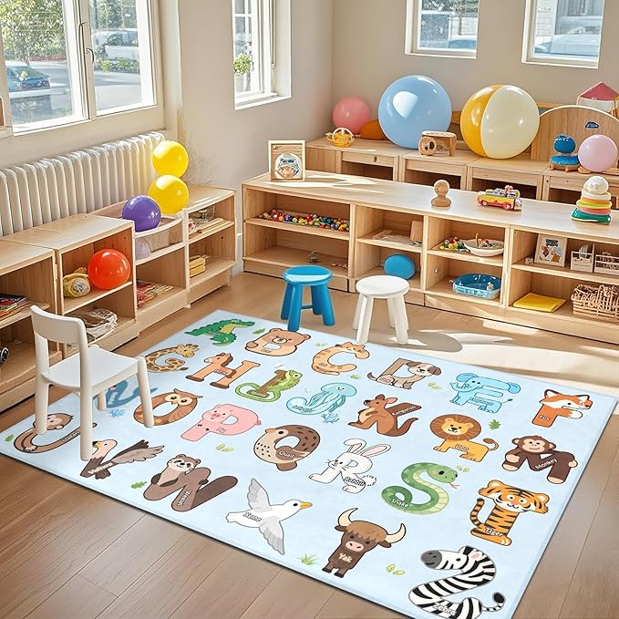 Kids Rugs for Playroom - 3x5 Feet ABC Alphabet Rug for Kids Room Educaitonal Learning Animal, Preschool Rug for Children Toddler Bedroom Nursery Kindergarten Decor, Blue