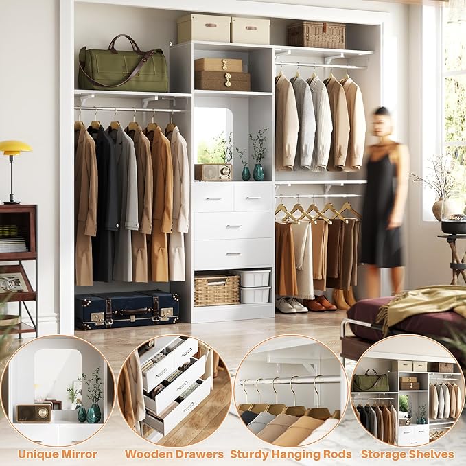 Unikito 8FT Closet System with 4 Drawers, 96" Wood Closet Organizer with Mirror and Hanging Rods, Sturdy Walk in Wardrobe Closet Insert with Tower, 96" W x 16" D x 80" H (Can Be Cut To Fit), White