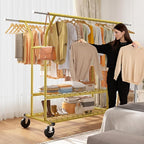 Raybee 74" W Heavy Duty Clothes Rack, Double Rods Gold Clothing Rack Load 630 LBS, Rolling Clothes Racks for Hanging Clothes 400+, Garment Rack with shelves for Bedroom, Laundry Room, Retail Store
