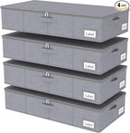 Yawinhe Foldable Underbed Storage Bags, Containers Bin with Lids, Large Under Bed Organizer Box, with Sturdy Zipper und Label Holders, for Clothing, 31.5''Lx15.7''Wx6''H, 4 Pack, Grey