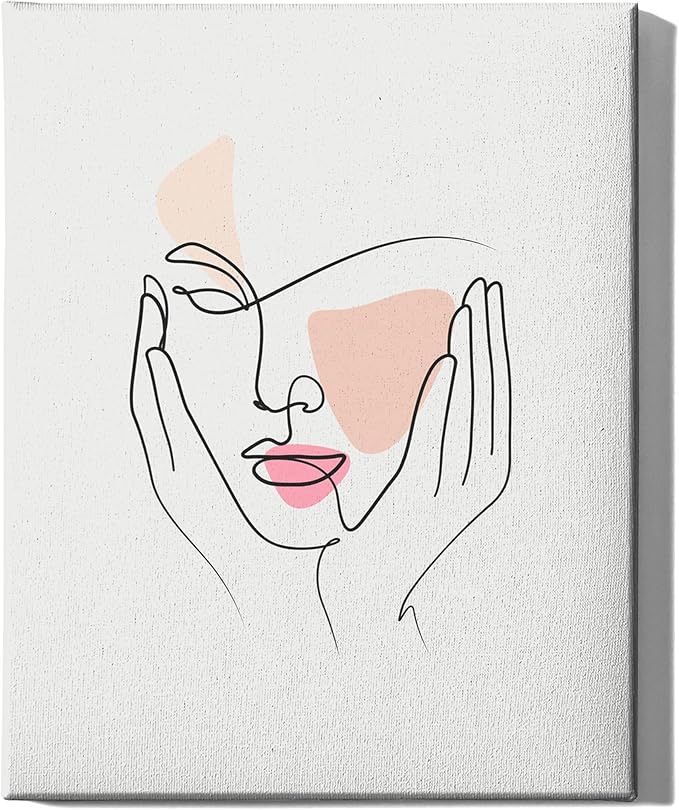 Aesthetic Face Wrapped Canvas Wall Art Hands on Cheeks Continuous Line Drawing Abstract Pink 16x20 Inch Gallery Stretched Modern Home Art Decor