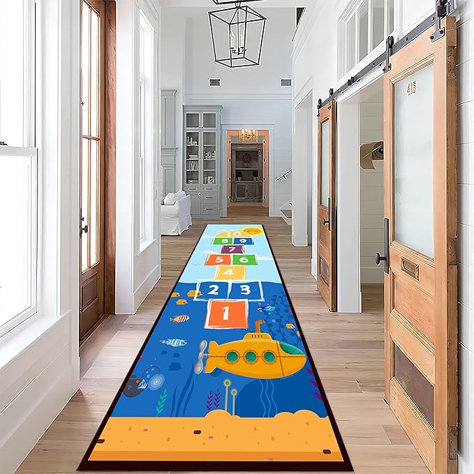 Undersea Tropical Fish Runner Rug for Entryway, 4x12ft, Hopscotch Game Cartoon Print Daycare Carpets, Non Slip Machine Washable Fade Resistant High Traffic Kids Play Rug for Living Room